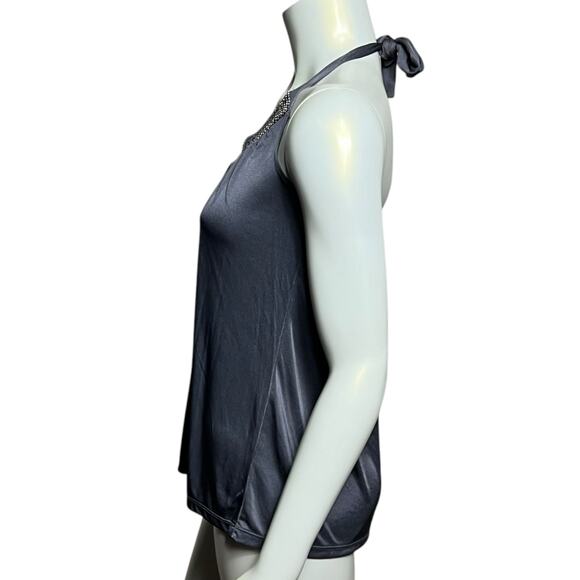 Express Grey Silky Halter Top Mesh Chain Mail V-Neck Party Club Small Metallic - Picture 4 of 10